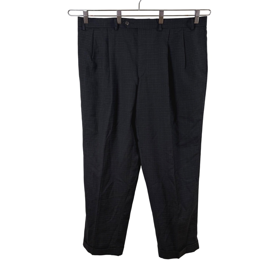 Ralph Lauren Mens Black Plaid‎ Wool Dress Pants Trousers 40W 30L Pleated Cuffed